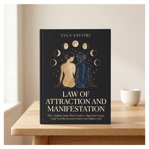 May include: A black book titled "Law of Attraction and Manifestation" by Ayla Savitri. The cover features two figures, one gold and one blue, with moon phases above. The book is on a wooden table with a white cup.