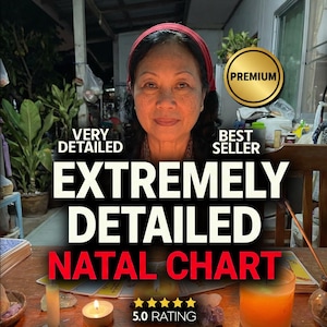 May include: An image featuring a woman with a red headscarf, with text that reads "VERY DETAILED", "EXTREMELY DETAILED NATAL CHART", "BEST SELLER", and "5.0 RATING". A gold "PREMIUM" badge is also visible.