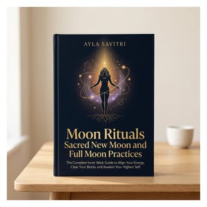 May include: A hardcover book titled "Moon Rituals" by Ayla Savitri. The cover is dark blue with gold lettering and a silhouette of a woman with a glowing aura. The book is on a light brown wooden surface.