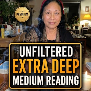 May include: An image featuring a woman with a red headband, in front of a table with candles and tarot cards. The image has text that reads "UNFILTERED EXTRA DEEP MEDIUM READING" and "PERSONAL PDF INSIGHT". The image also has the words "SAME HOUR", "PREMIUM", and "EXTRA DETAILED".