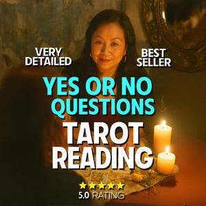 May include: An image promoting tarot readings. The text reads "YES OR NO QUESTIONS TAROT READING" with "VERY DETAILED" and "BEST SELLER" labels. Two lit candles and tarot cards are visible. The rating is 5.0 stars.