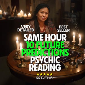 May include: An image of a psychic reading with a woman seated at a table. The text reads "Same Hour 10 Future Predictions Psychic Reading" with a 5.0 rating. Lit candles and a crystal ball are on the table.