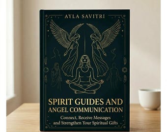 Puede incluir: Un libro de tapa dura verde oscuro titulado Spirit Guides and Angel Communication de Ayla Savitri. La portada presenta dibujos de líneas doradas de dos ángeles alados junto a una persona meditando y símbolos celestiales.