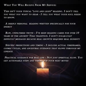 May include: Image with text: "What You Will Receive From My Service:" followed by descriptive text about a reading service. A lit candle is at the bottom of the image, with a dark background and wisps of smoke.