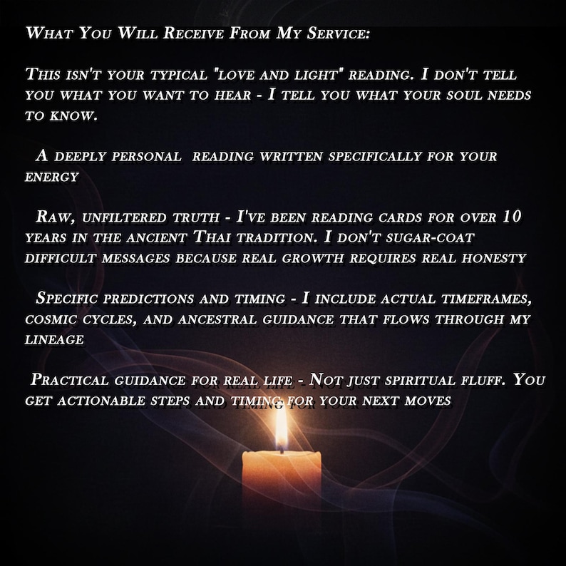 May include: Image with text: "What You Will Receive From My Service:" followed by descriptive text about a reading service. A lit candle is at the bottom of the image, with a dark background and wisps of smoke.