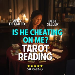 以下が含まれることがあります： 赤い布で覆われた丸いテーブルに女性が座り、周りにはろうそくが灯っています。「IS HE CHEATING ON ME? TAROT READING」というテキストが白で表示されています。画像には「VERY DETAILED」、「BEST SELLER」、および5.0の評価も含まれています。