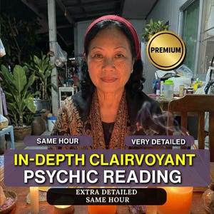 Peut inclure: Image d'une femme avec un bandeau rouge, devant une table avec des bougies et le texte "IN-DEPTH CLAIRVOYANT PSYCHIC READING". L'image comprend également les mots "PREMIUM", "SAME HOUR", "VERY DETAILED" et "EXTRA DETAILED".
