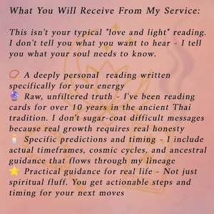 May include: Text on a pink background lists the benefits of a service. The text includes phrases like "deeply personal reading," "raw, unfiltered truth," and "practical guidance for real life." The text is in a serif font.