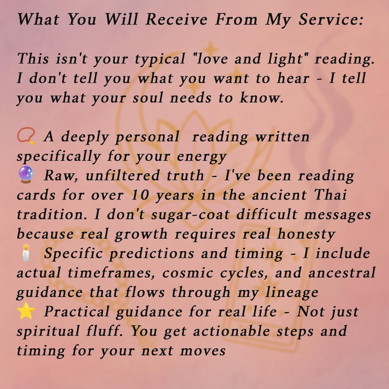 May include: Text on a pink background lists the benefits of a service. The text includes phrases like "deeply personal reading," "raw, unfiltered truth," and "practical guidance for real life." The text is in a serif font.