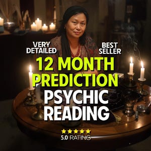 May include: An image featuring a woman with a dark head covering and a patterned top. Text overlay reads "VERY DETAILED", "BEST SELLER", "12 MONTH PREDICTION PSYCHIC READING", and "5.0 RATING". Lit candles and a round table are also visible.