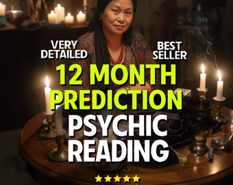 Puede incluir: Un servicio de lectura psíquica con el texto VERY DETAILED, BEST SELLER, 12 MONTH PREDICTION, PSYCHIC READING y 5.0 RATING. La escena muestra a una persona en una mesa redonda con velas encendidas, una bola de cristal y cartas de tarot.