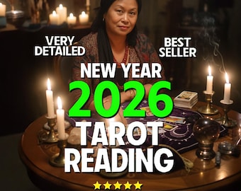 May include: An image of a woman sitting at a round wooden table with candles and tarot cards. The text on the image says "New Year 2026 Tarot Reading" with a 5.0 rating. The words "Very Detailed" and "Best Seller" are also visible.