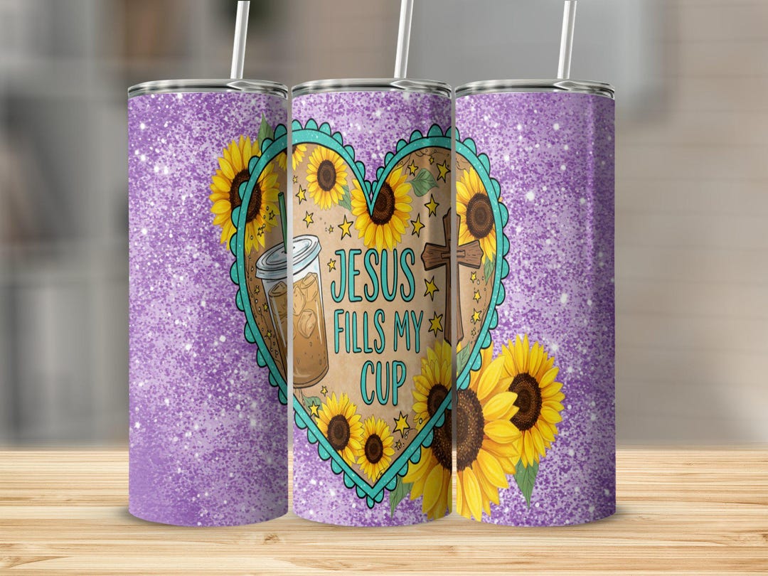 Tumbler Wrap Gift Jesus Fills My Cup Teal Heart Christian PNG Purple ...