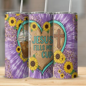 Christian Iced Coffee Tumbler Wrap: Jesus, Sunflower, Glitter (PNG Digital Download)
