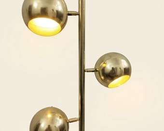 Lampe sur poteau Mid-Century en laiton : lampadaire design globe oculaire atomique