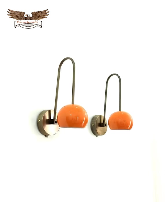 Mid-Century Modern Brass Wall Sconces: Orange Ball Accent, Handmade Pair Diabolo wall lamp