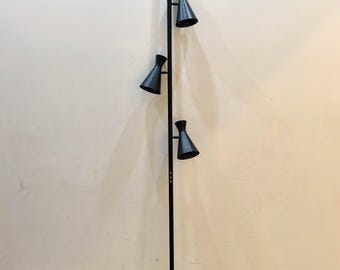 Rare lampadaire à tension à 3 lumières : abat-jour réglables, style milieu du siècle