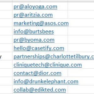 May include: A spreadsheet displaying a list of brand names and their corresponding email addresses. Brands include Alo, Aritzia, Asos, Burts Bees, Byoma, Casetify, Charlotte Tilbury, Clinique, Dior Cosmetics, Drunk Elephant, and Edikted.