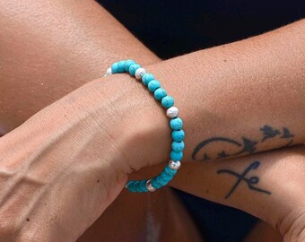 Turquoise Beaded Bracelet – Sterling Silver Accent, Handmade Natural Stone Bracelet, Boho Gift for Her