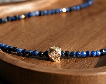 Natural Sodalite Necklace with Gold Plated Cube | Faceted Blue Stone Necklace | Handmade Luxury Jewelry