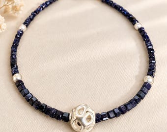 Blue Goldstone Sterling Silver Bracelet, Minimalist Stacking Jewelry