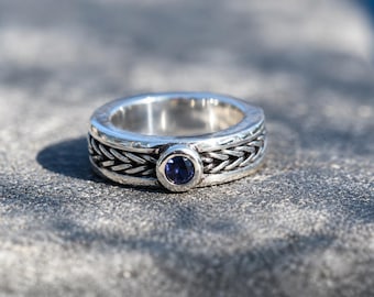Iolite Stone Silver Ring – Braided Vine Band, Deep Blue Purple Gemstone, Artisan Statement Ring