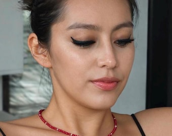 Ruby Beaded Necklace  Sterling Silver,   Minimalist