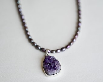 Raw Amethyst Druzy Necklace with Baroque Pearls, 950 Sterling Silver Clasp
