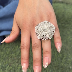 Adjustable 950 Sterling Silver Flower Ring • Handmade Filigree Statement Jewelry • Boho Floral Cocktail Ring Gift for Her”
