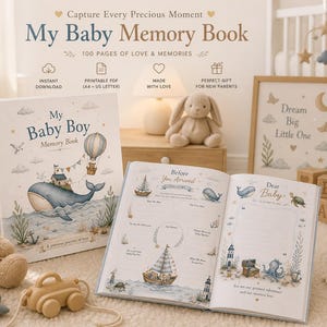 May include: A baby memory book titled "My Baby Boy Memory Book" with illustrations of a whale, hot air balloon, and sailboat. The open book shows pages with nautical-themed drawings. The text reads "Capture Every Precious Moment" and "100 Pages of Love & Memories."