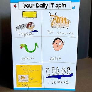 Pode incluir: Um cartão retangular branco intitulado Your Daily IT spin apresentando seis ilustrações desenhadas à mão com as etiquetas: PEBKAC, Yak shaving, python, patch, bug e liveware. Os gráficos incluem um computador, um iaque, uma cobra, um rosto, uma caixa amarela e figuras.