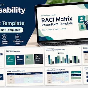 Peut inclure: Un modèle PowerPoint numérique pour une matrice de responsabilité comprenant 20 diapositives modifiables. L'écran affiche le texte RACI Matrix PowerPoint Template avec une icône de quatre personnes. Diverses diapositives montrent des graphiques.