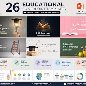 Pode incluir: Uma coleção de 26 modelos educacionais de PowerPoint com vários designs de slides, incluindo lâmpadas com capelos de graduação, livros abertos, lápis e ícones de sala de aula. O layout inclui rótulos de texto como Education PPT Templates.