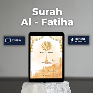 May include: A digital tablet displaying a journal cover with the title "Surah Al-Fatiha." The cover features gold calligraphy and a mosque silhouette. The tablet rests on a textured white surface. Blue rectangles with white text read "TAFSIR" and "INSTANT DOWNLOAD."