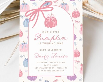 Pastel Coquette Pumpkin 1st Birthday Invitation (Digital Download)