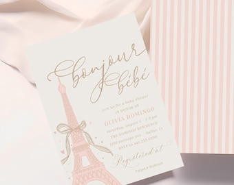 Editable Paris Baby Shower Invitation, Bonjour Bebe Canva Template (Digital Download)