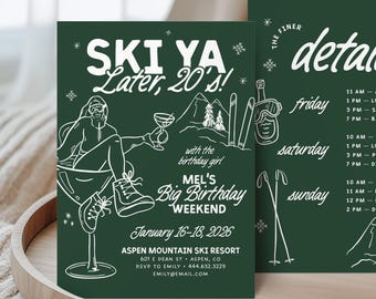 Edytowalny plan urodzinowy Ski Ya Later dla osób w wieku 20, 30 i 40 lat | Zaproszenie na zimowy weekend na śniegu | Ręcznie rysowany szablon Canva z motywem narciarskim - A066