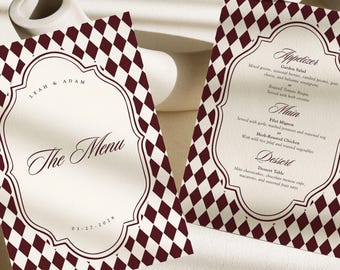Plantilla editable de menú de boda color burdeos / Tarjeta de menú de estilo clásico / Menú de recepción en carmesí y marfil / Descarga en Canva (5x7 + 4x9) / A119