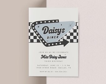 Retro Blue 50s Diner Drive-In Birthday Invitation | Vintage Sock Hop Invite (Digital Download)