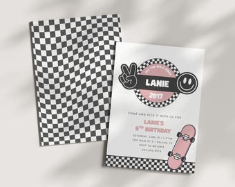 Pink Skateboard Birthday Invitation, Retro Groovy Skater Girl, Happy Face Checker (Digital Download)