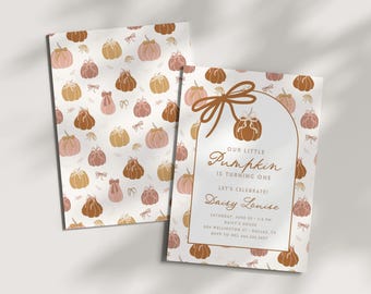 Boho Coquette Pumpkin 1e verjaardagsuitnodiging, herfstherfst (digitale download)