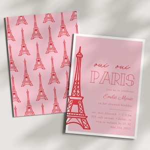 Editable Paris Birthday Invitation for Girls – Hand Drawn Eiffel Tower, Coquette Pink & Red Parisian Party Template - A013