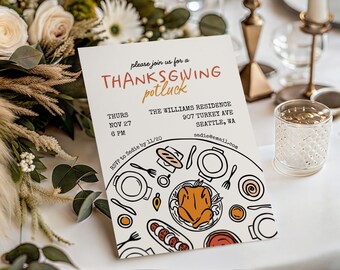 May include: A white rectangular invitation card featuring the text please join us for a THANKSGIVING potluck at THE WILLIAMS RESIDENCE 907 TURKEY AVE SEATTLE, WA on THURS NOV 27 6 PM. The bottom displays a black line art illustration of a dinner table.