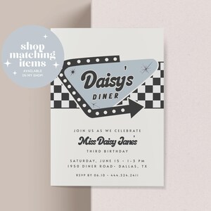 May include: A retro-style invitation for a third birthday celebration. The design features a light blue diner sign with the text "Daisy's Diner" and a black and white checkered border. The invitation includes event details and RSVP information.