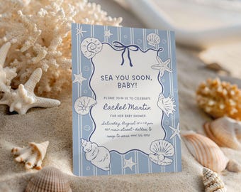 Zaproszenie na baby shower w stylu morskim, motyw nadmorski, motyw plażowy (szablon Canva)