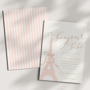 Bearbeitbare Paris-Babypartyeinladung, Bonjour Bebe Pariser französische Babyparty-Canva-Vorlage - A023