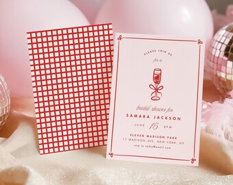 Retro Champagne Bridal Shower Invitation, Whimsical Bow (Canva Template)