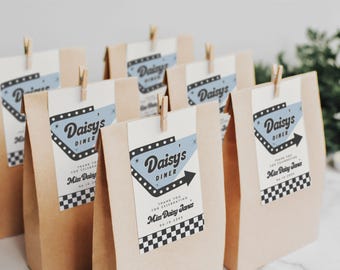 Editable Retro Diner Birthday Favor Tag, 50s Skip Hop, Canva Template (2x3.5in)