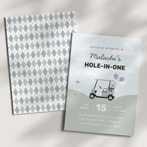 Editable Blue Golf Birthday Invitation, Boys Golf Par-Tee, Hole-in-One Party Invite Canva Template - A019