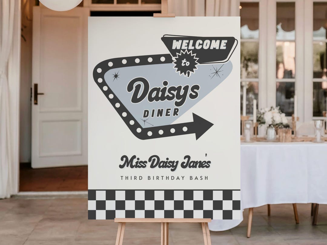 Retro Blue 50s Diner Drive-in Birthday Welcome Sign | Vintage Sock Hop ...